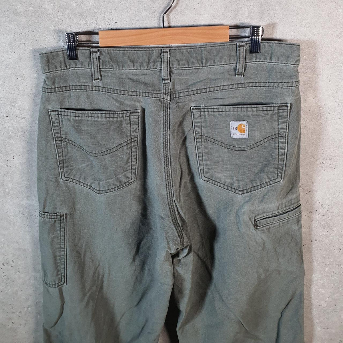 Vintage Carhartt Carpenter FR Trousers Mens W36 L32 Khaki Green Relaxed Fit Workwear USA