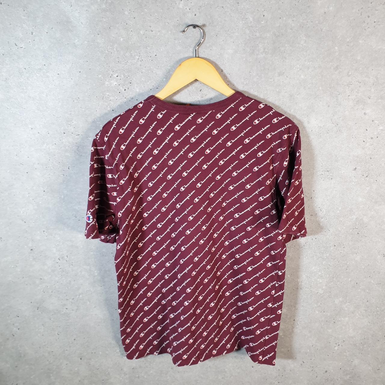 Vintage Champion AOP Spellout Logo T Shirt Mens Medium Burgundy Red USA Athletic