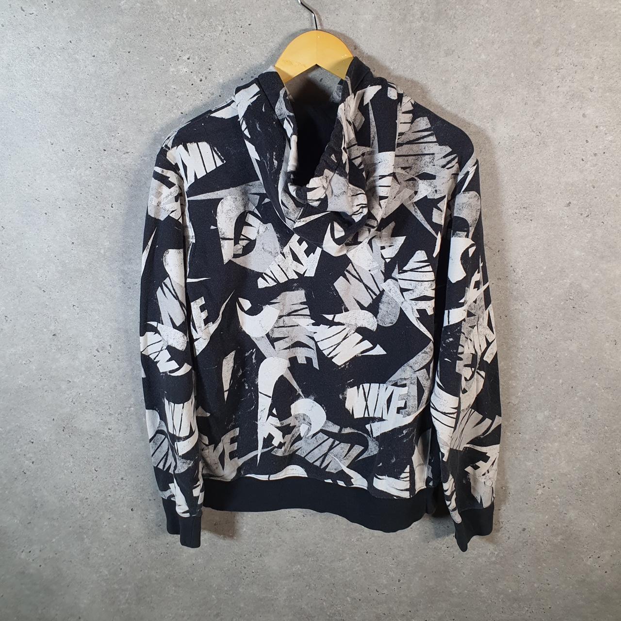 Vintage Nike Club All Over Print Hoodie Womens Large Black Swoosh Y2K Pullover Logo