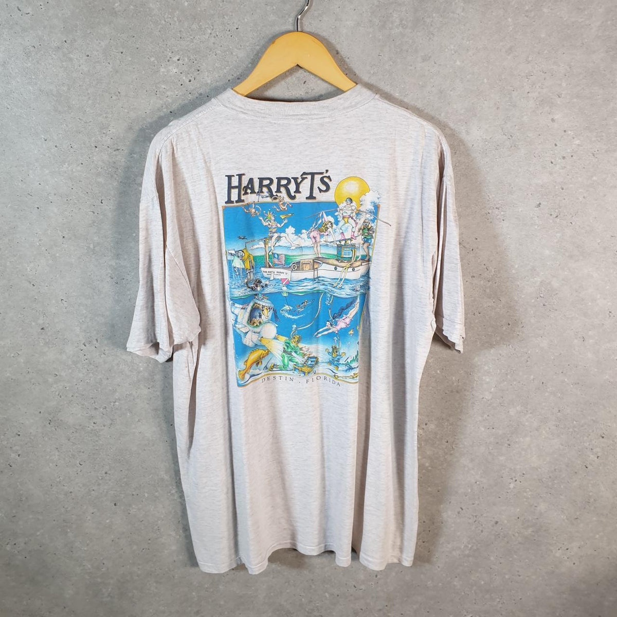 Vintage Oneita Power Harry Ts Destin Florida 90s USA Single Stitch T Shirt Men’s XL Grey C8811