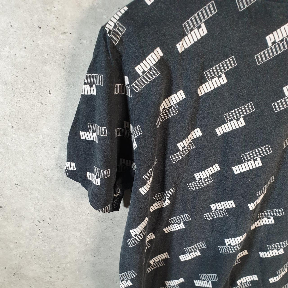 Vintage Puma All Over Print AOP T Shirt Mens Large Black Sports Logo Athletic